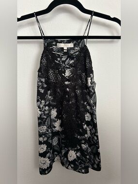 Wayf Black and White Floral Crochet Trim Tank Top